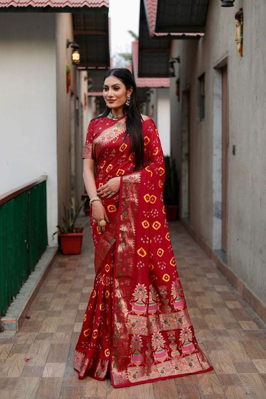 Maroon Wevon Matka Border & Pallu Designer & Bandhej Hand Printed Dola Silk Saree