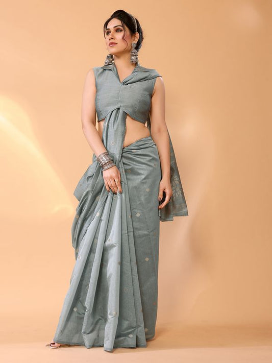 Grey Wevon Jari Designer Chanderi Silk Saree