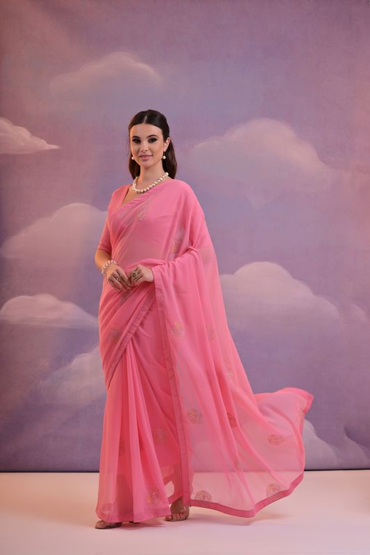 Pink Designer Sequance Embroidery Work Georgette Saree