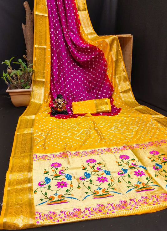 Yellow Dola Silk Wevon Designer Saree With Traditional Hand Bandhej Printed