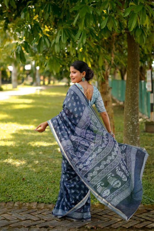 Blue Designer Digital Printed Cotton Saree