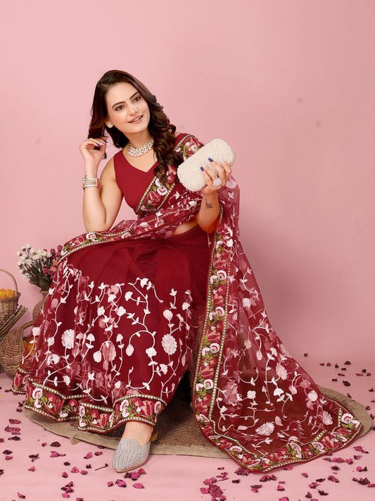 Maroon Multy Thread Embroidery Work Soft Net Saree