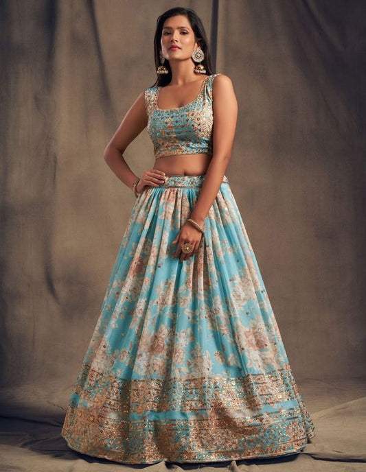 Sky Blue Women's Organza Embroidery Lehenga Choli