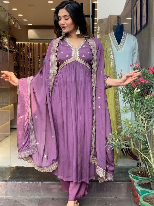 Mauve Color Designer Partywear Roman Silk Fabric Embroidered Suit