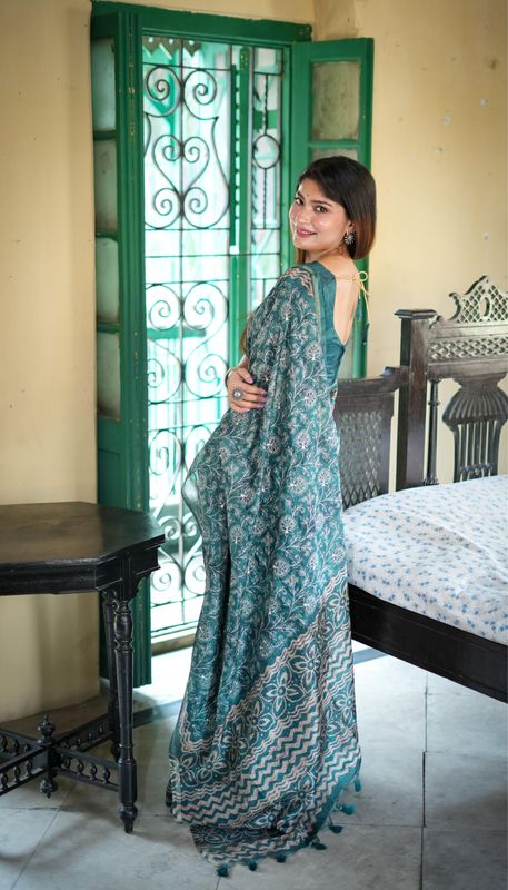 Green Batik Printed & Embroidery Work Tussar Silk Saree