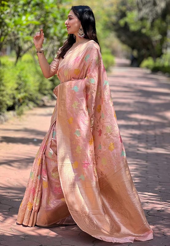 Pink Organza Weaving Meenakari Jaal Designer Ethnic Wedding Style Festive Ceremonial Saree