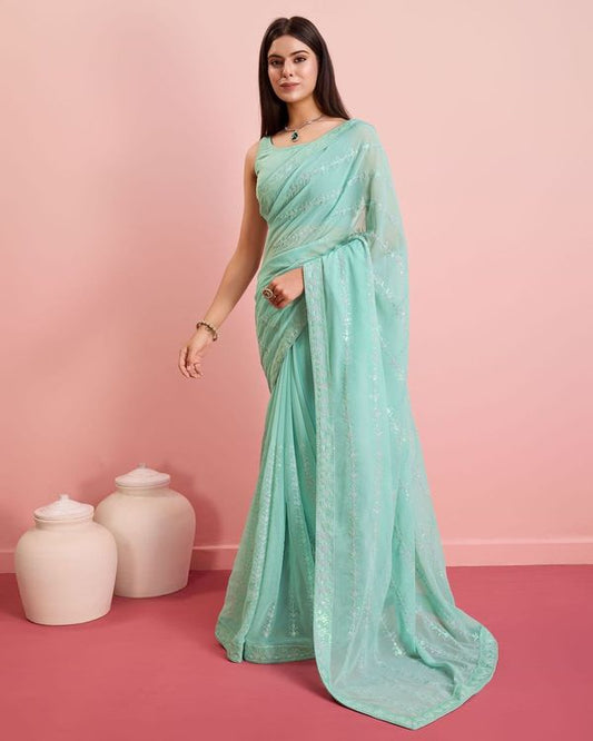 Sky Blue Sequance Embroidery Work Georgette Saree