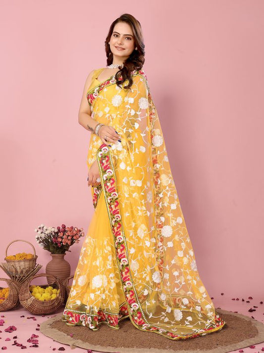 Yellow Multy Thread Embroidery Work Soft Net Saree