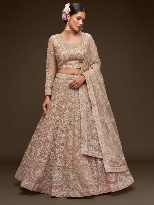 Royal Beige Women's Soft Net Embroidery Lehenga Choli