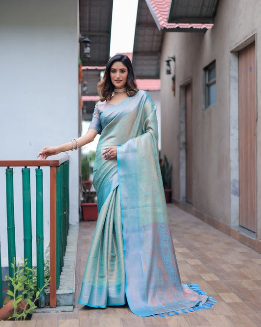 Sea Green Wevon Copper Jari Designer Kanjivaram Silk Saree