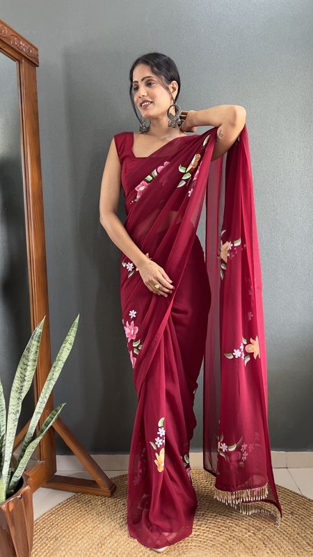 Maroon Color Faux Georgette Ready To Wear Designer Hand Printed Saree