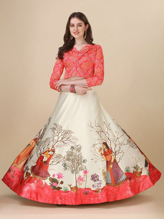 Ethnic Motifs Digital Print Shiney Satin Croptop Lehenga Choli With Blouse For Women and Girls