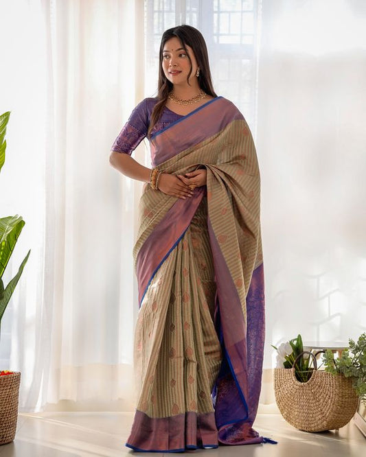 Grey Wevon Copper Jari Designer Kanjivaram Silk Saree