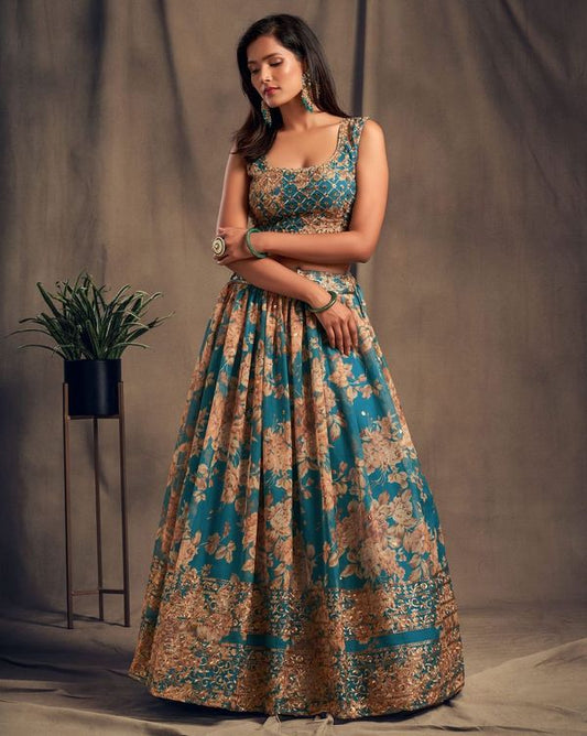 Teal Blue Women's Organza Embroidery Lehenga Choli