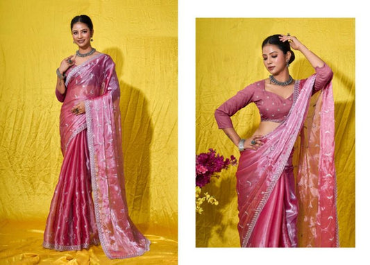 Pink Silver Jari & Sequance Embroidery Work Burberry Silk Saree