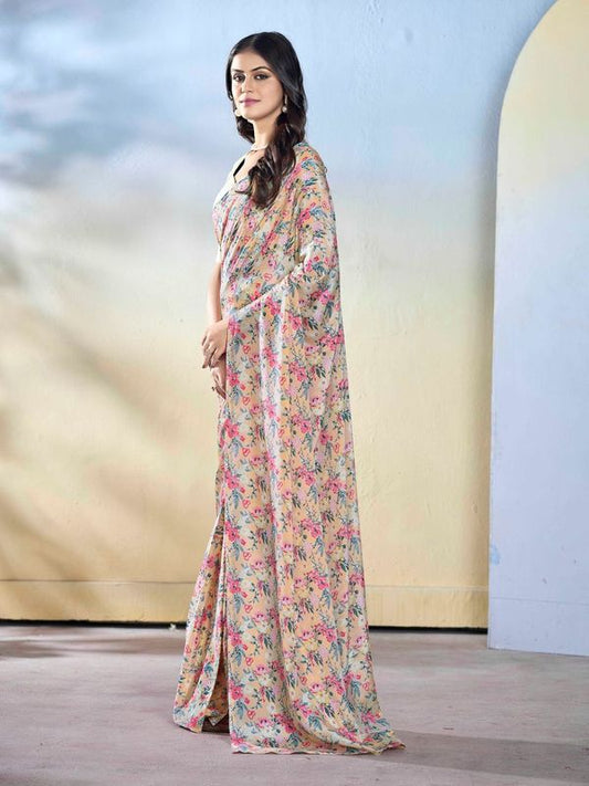 Off White Designer Printed Georgette Saree