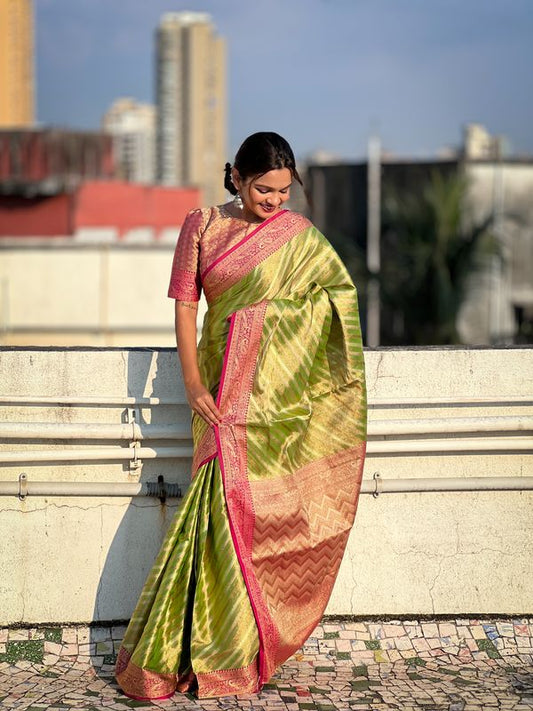 Green Wevon Laheriya Designer Jari Tissue Saree