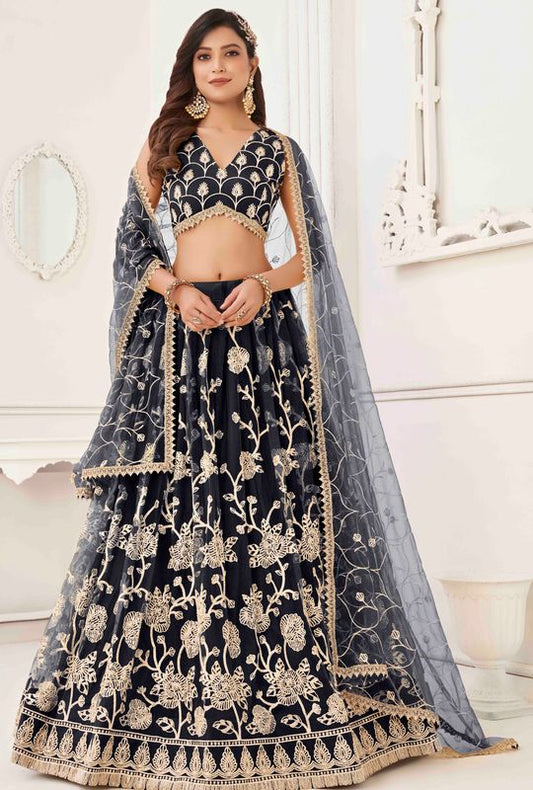 Black Color Net With Sequins And Thread Embroidery Work -Stitched Lehenga & Unstitched Blouse With Dupatta