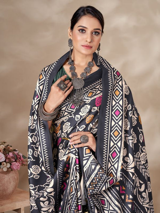 Black Designer Digital Printed Pashmina Saree