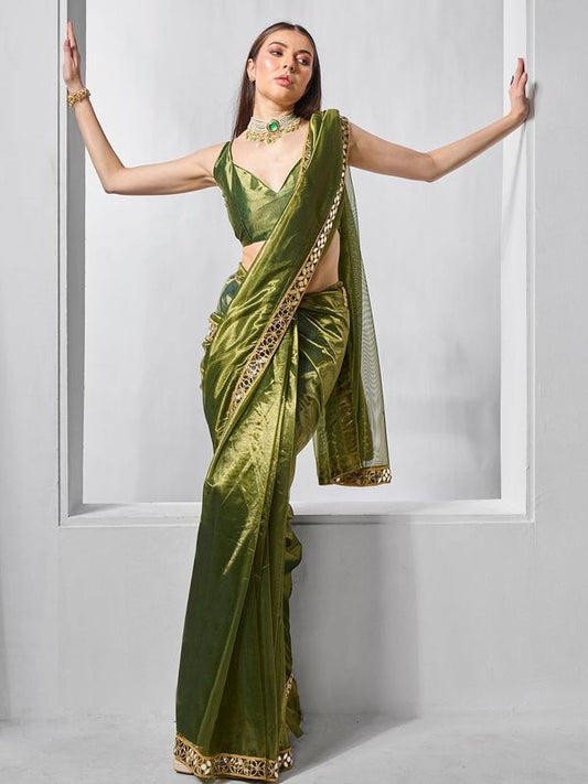 Green Color Gold Tissue Net Solid Texture Saree With Graceful Gold Cotted