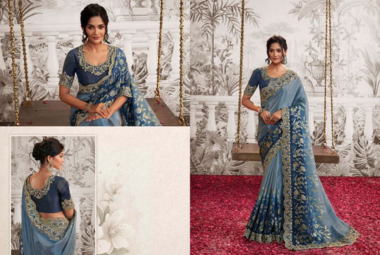 Royal Blue & Sky Blue Heavy Designer Embroidery Work Dola Viscose Silk Saree