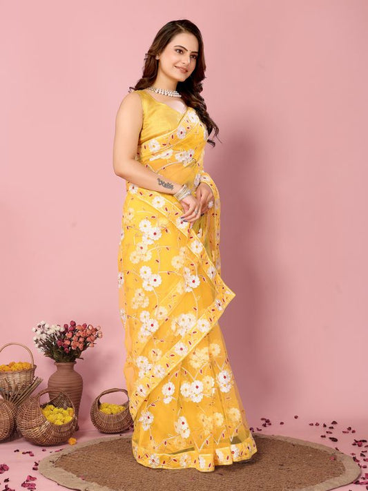 Yellow Designer Thread Embroidery Work Net Saree