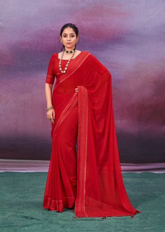 Red Wine Wevon Patta Designer With Swarovski Work Chiffon Saree