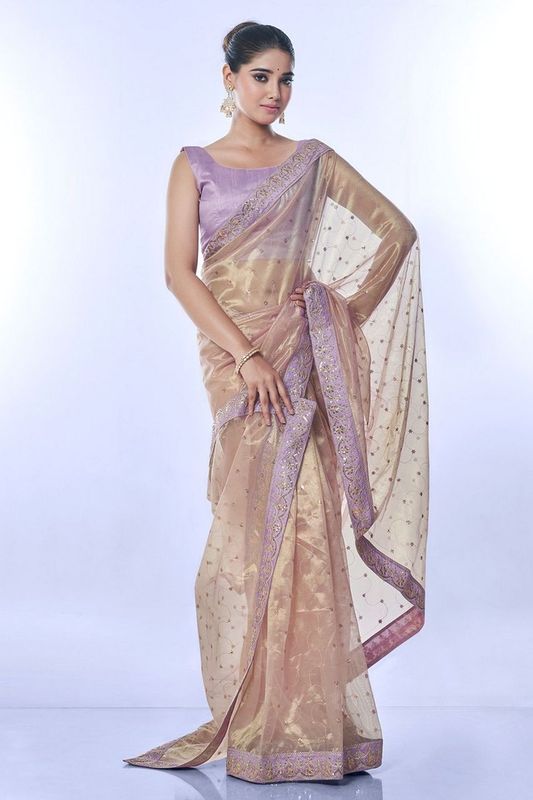 Onion Color Golden Net Partywear Sequins Embroidery Work Ethnic Saree