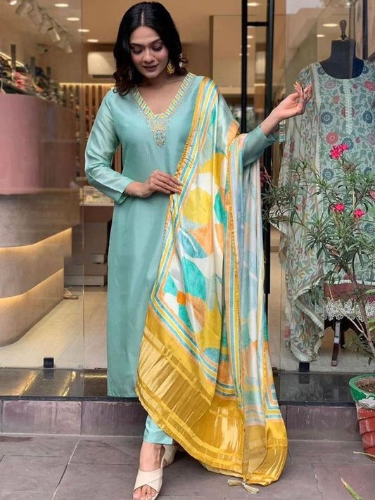 Sea Green Color Designer Partywear Roman Silk Fabric Embroidered Suit