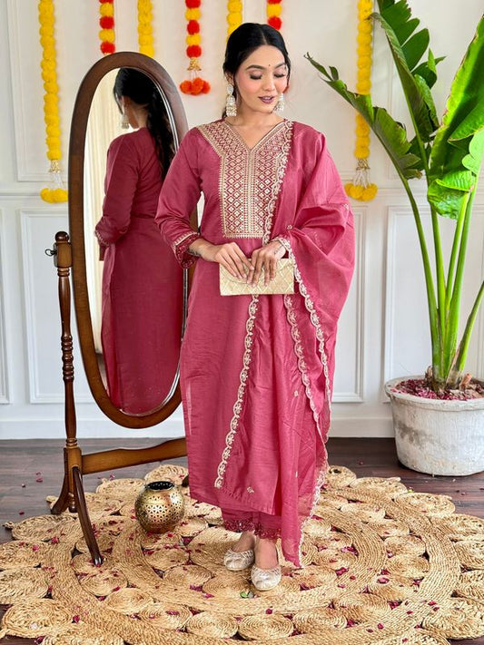 Beautiful Burgundy Color Viscose Chanderi Fabric Graceful Embroidered Readymade Suit