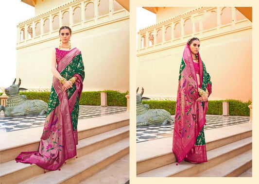 Pink & Green Wevon Designer & Printed P V Silk Saree