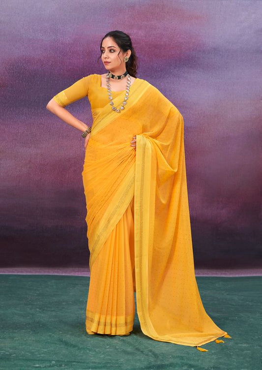 Bee Yellow Wevon Patta Designer With Swarovski Work Chiffon Saree