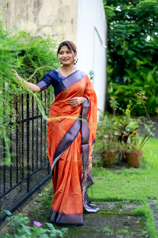 Orange Weaving Jari Designer & Printed Raw Silk Saree