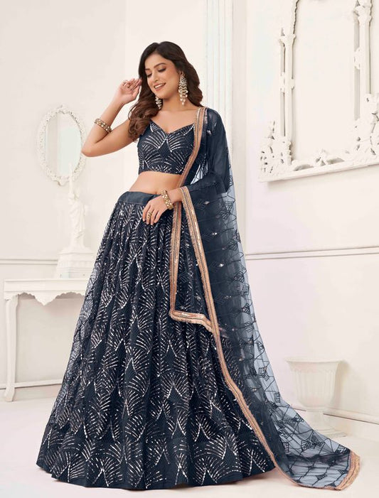 Black Color Net Fabric Lehenga Choli With Sequins And Thread Embroidery Work