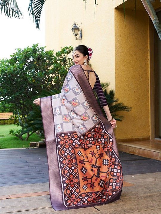 Grey Crepe Digital Print Saree With Tassels on Pallu and Stitched Purple Blouse