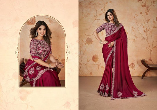 Maroon Heavy Embroidery & Patch & Pearl Work Crape Satin Silk Saree