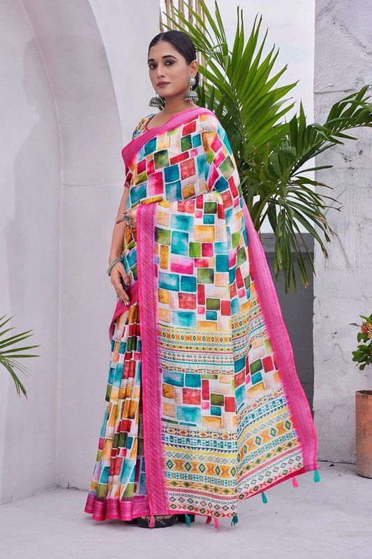 Multy Color Linen Blend Smart Ethnic Saree With Trendy Digital Print Work