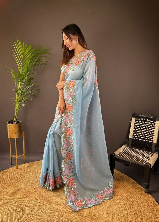 Sky Blue Color Glossy Silk Cross Stich Embroidery Cut Work Adorable Partywear Girlie Saree