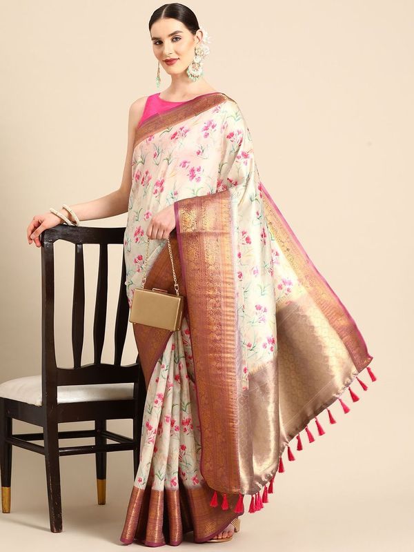 Beige Women Art Silk Digital Print Saree