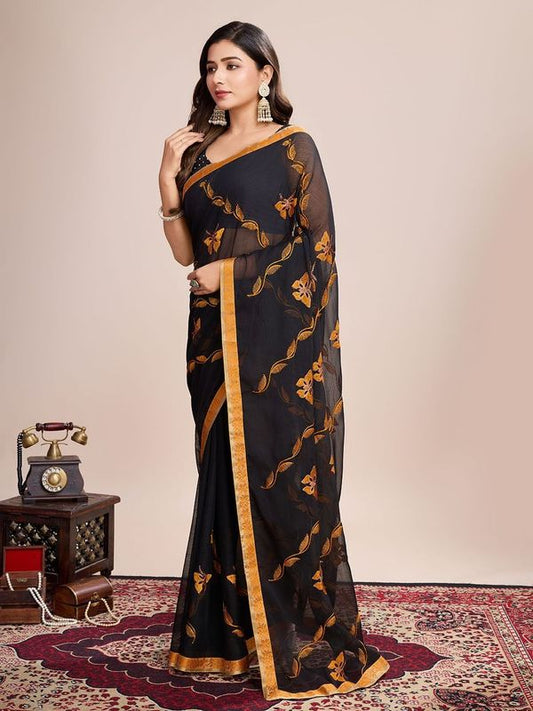 Black Designer Embroidery Work Georgette Saree