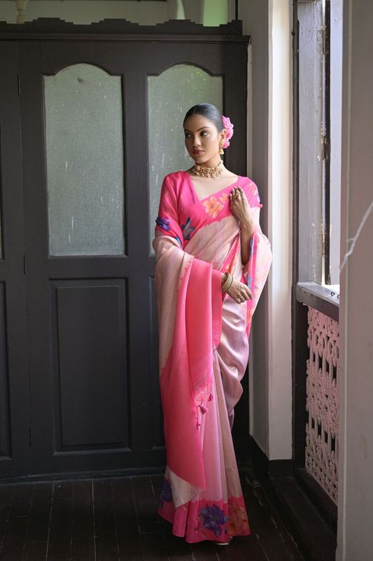 Beautiful Pink Color Soft Silk Classy Rich Woven Printed Saree