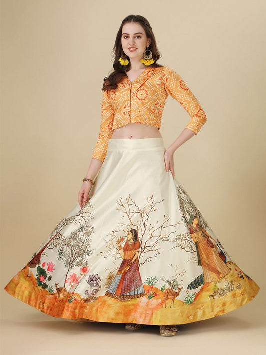 Digital Print Satin Silk Fabric Stitched Lehenga Choli With Jequared Blouse and Assami Silk Thread Work Dupatta For Women and Girls In Festive Party And Traditional Wear