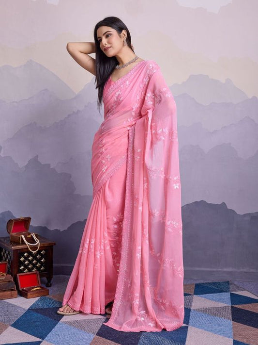 Pink Shimmer Chiffon Designer Sequance Embroidery Work Heavy Partywear Trendy Fashion Saree