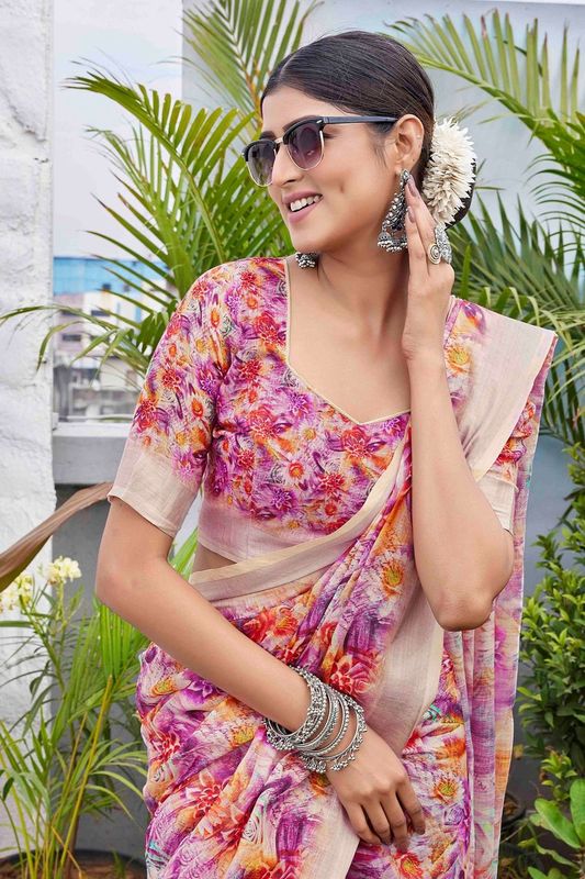 Purple Color Beautiful Fashinove Looks Smart Printed Linen Blend Saree
