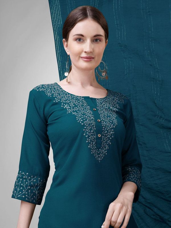 Teal Blue Cotton Blend Ethnc Formal Looks Stitched Salwar Kameez