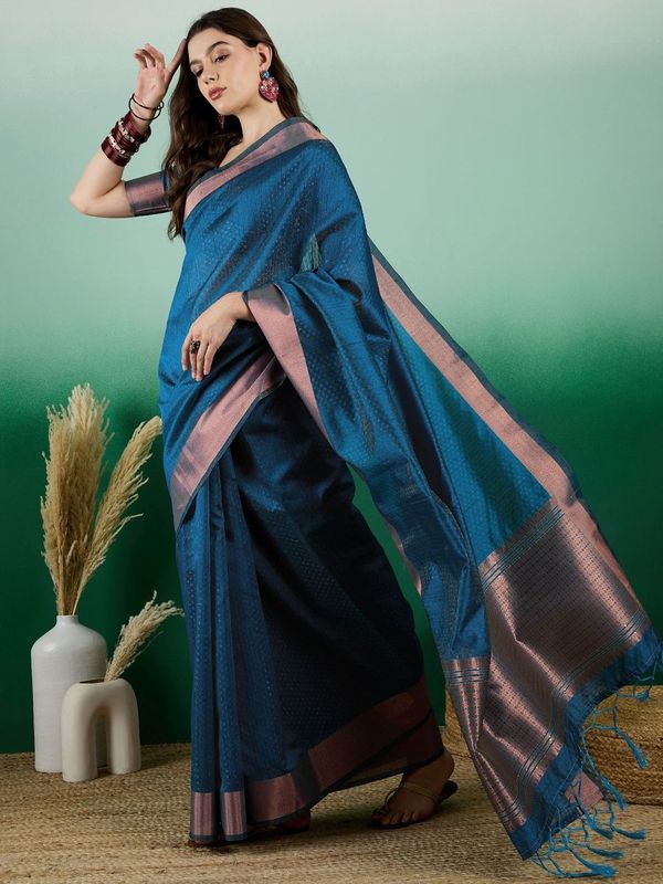 Teal Wevon Designer Khadi Organza Saree