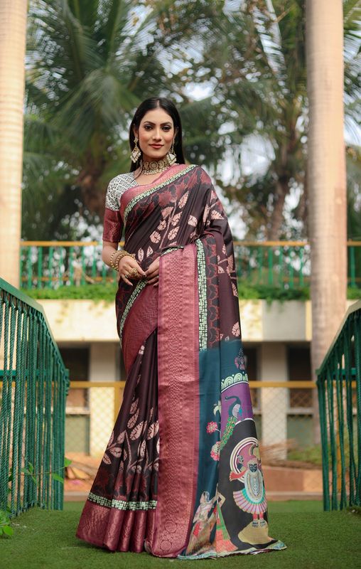 Coffee Wevon Border & Kalamkari Digital Printed Dola Silk Saree