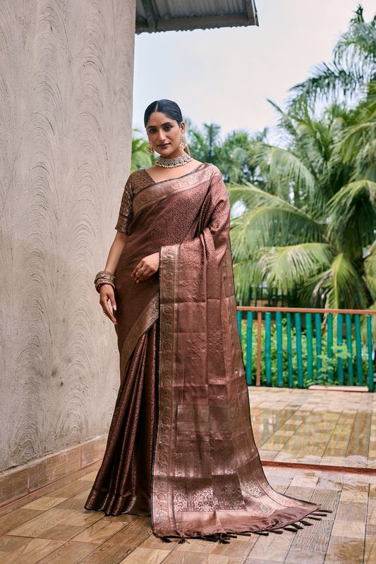 Coffee Wevon Copper Jari Designer Kanjivaram Sik Saree