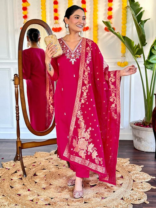 Beautiful Pink Color Viscose Chanderi Fabric Graceful Embroidered Readymade Suit