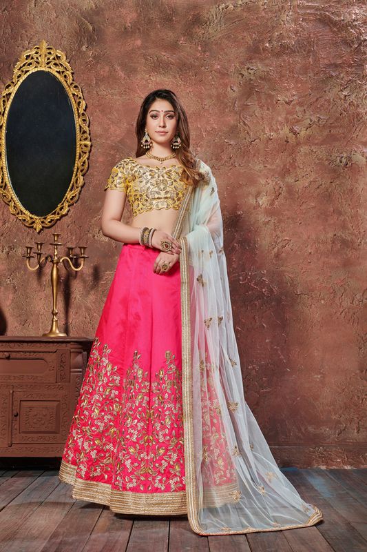 Yellow and Pink Women's Mulberry Silk Embroidery Lehenga Choli